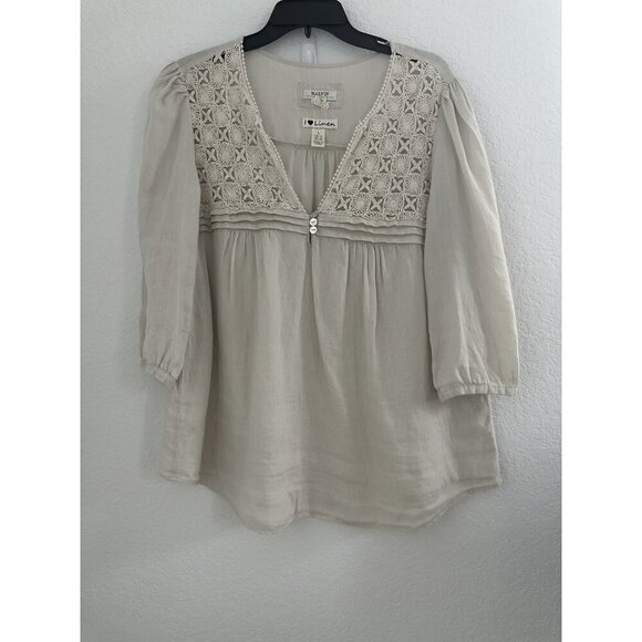 Malvin Tops - Malvin I love Linen Germany Womens Blouse L Tan‎ 100% Linen Crochet Boho Peasant